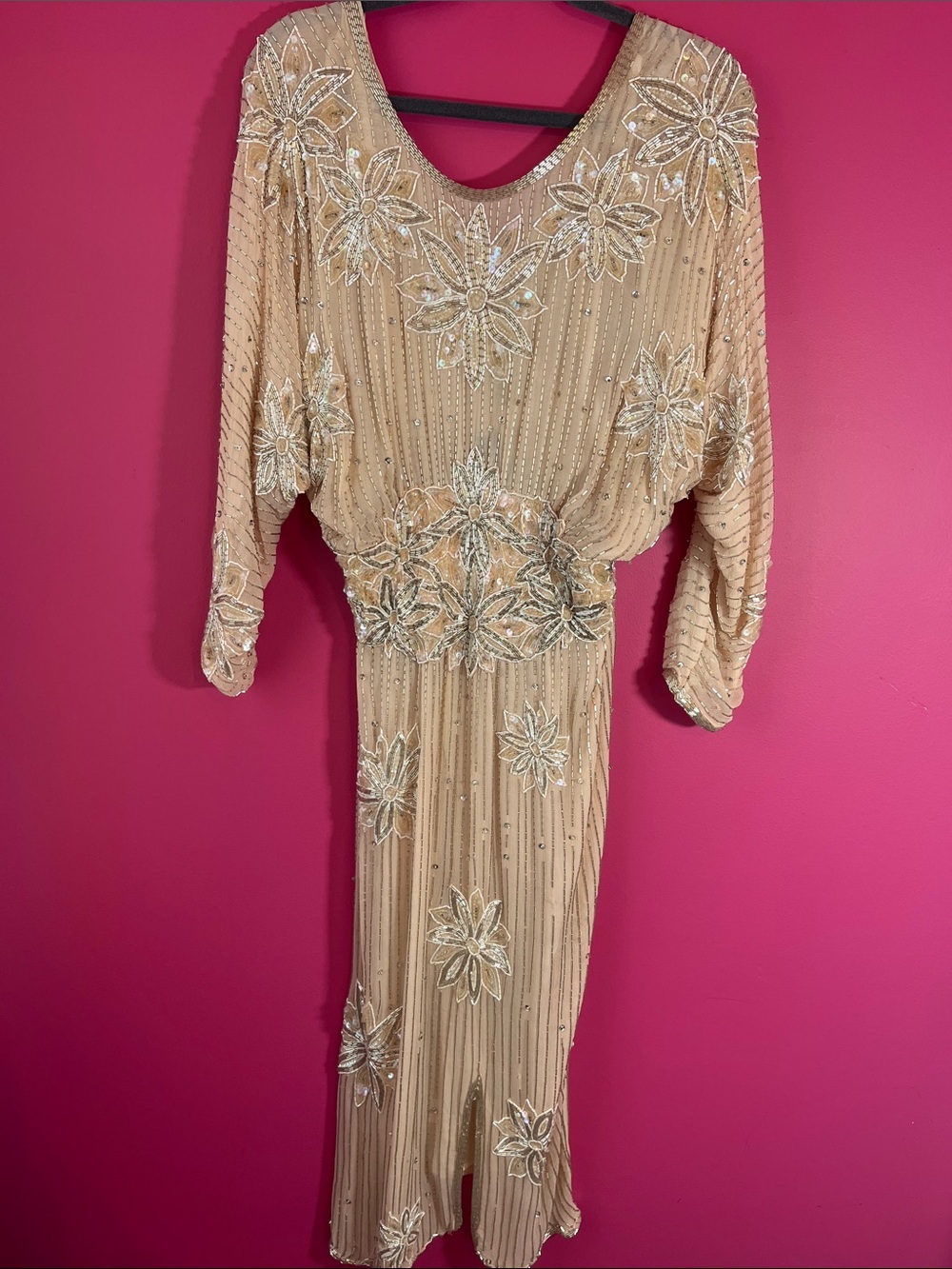Beaded Nude/Beige Long Sleeve Evening Dress Silk and Glass Beading